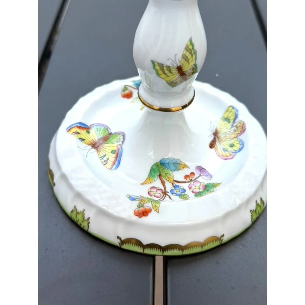 VTG Herend Queen Victoria Green Border Floral Butterfly Triple Candlestick SZ 9